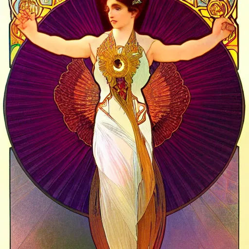 Prompt: a beautiful orchid phoenix angel woman, in an ornamented dress with large, volumetric light, god rays, 8 k high resolution, rubies, by alphonse mucha