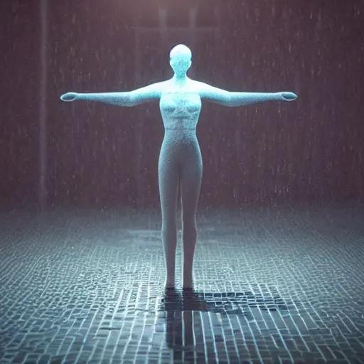 Prompt: a human sculpture made out of rain, neon, beautiful, rendered in octane, unreal engine, realistic