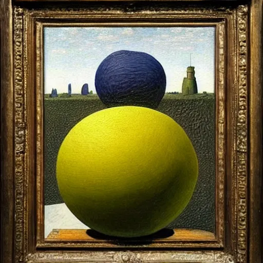 Prompt: 🐶🍐🌜🧨, intricate details, oil on canvas, highly detailed, surreal, by max ernst, rene magritte