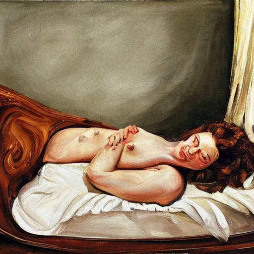 Prompt: lucian freud painting of old emma stone laying down on a victorian bed in a big old room