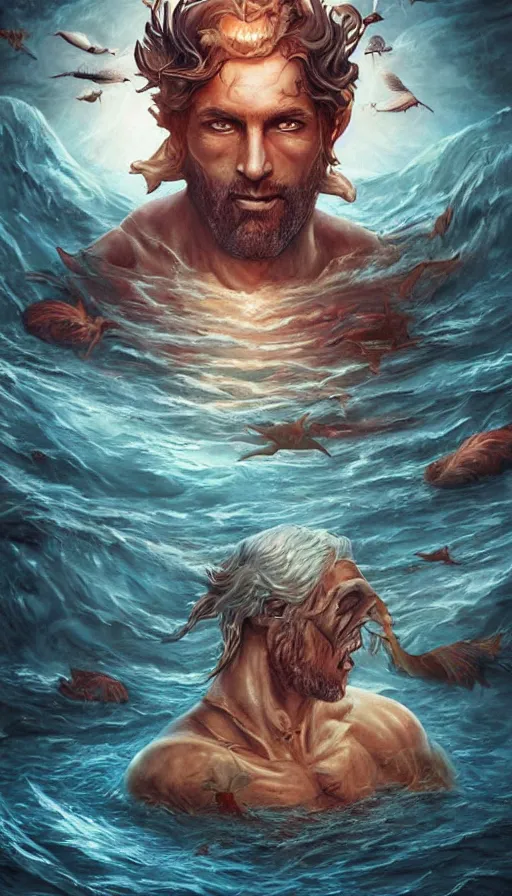 Image similar to man on boat crossing a body of water in hell with creatures in the water, sea of souls, by artgerm