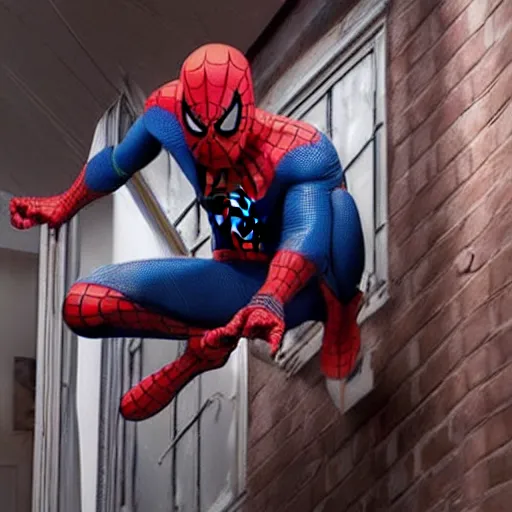 Prompt: Spider-man sticking criminal to the ceiling with realistic webbing.