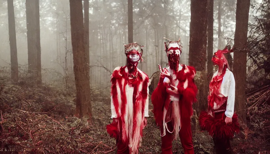 Image similar to high realistic photo portrait of esoteric tribes members with taxidermic flesh bloody jaw mask and elaborate red clothes in a foggy forest, cinestill 800t 35mm, heavy grain, high quality,