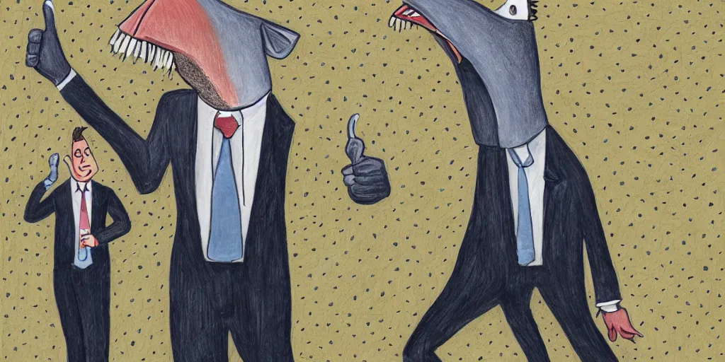 Image similar to an anthropomorphic catfish wearing a suit giving a thumbs up, by lisa hanawalt, by wanda gag