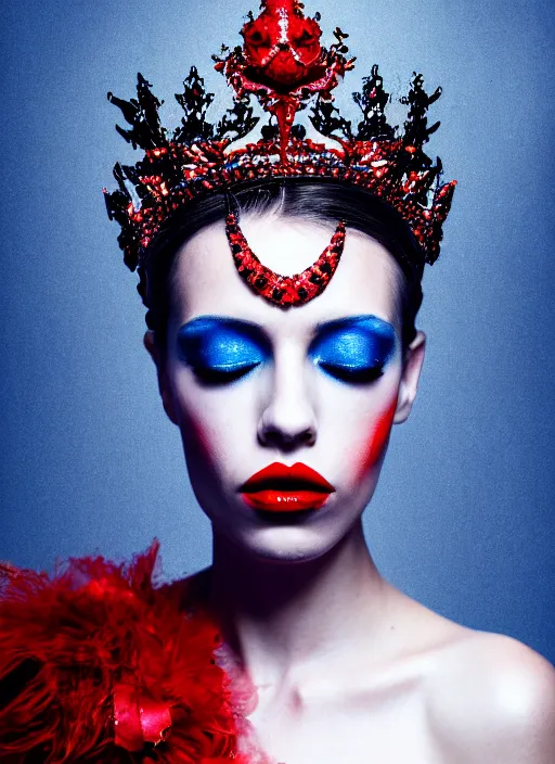 Prompt: a female high fashion model wearing a jeweled face crown, dark eye make - up, red lips, alexander mcqueen, haute couture, artstation, high detail, black, red and blue, by mobius, painterly, 8 0's airbrushed, film still, cinematic composition