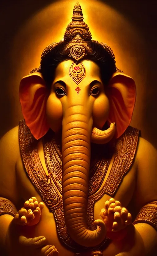 Image similar to a portrait of lord ganesha made of flesh and teeth, backlight, trending on artstation, volumetric lighting, atmospheric portrait, highly detailed, art by greg rutkowski and alphonse mucha