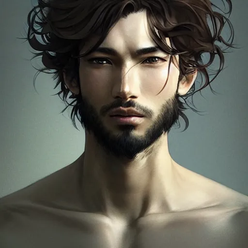 Image similar to Portrait of man with Tousled Curls type hair and Brown Indonesian-type skin, with round face, atmospheric lighting, intricate detail, cgsociety, ambient light, dynamic lighting, anime style by Yusuke Kozaki