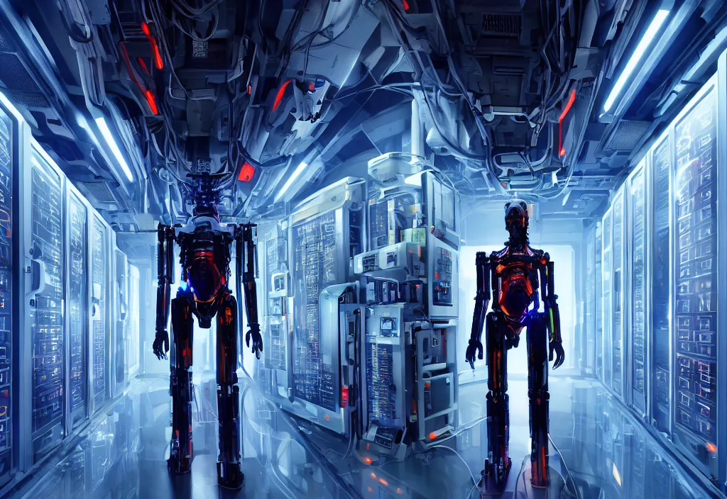 Image similar to shot of film, human like a mech, full body, in detailed server room, in data center, character design, symmetrical, vivid color, complementary color, detailed, sharp lines, trending on artstation, volumetric lighting, dramatic lighting by yoichi hatakenaka, cyberpunk art by asher brown durand