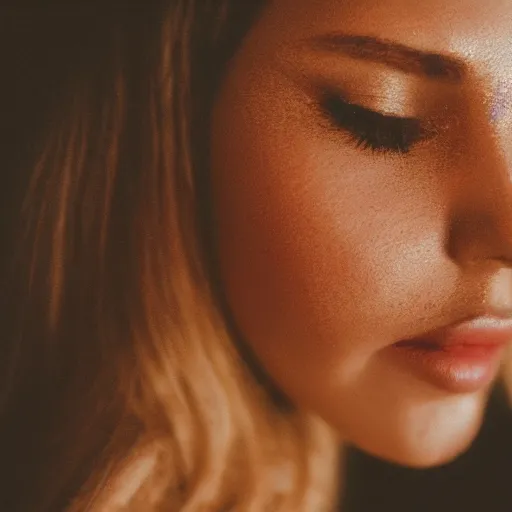 Image similar to closeup photo of a beautiful woman face, golden hour, 8 0 mm lens, polaroid, hyper realistic