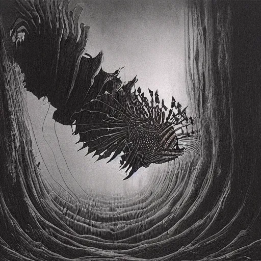 Prompt: lionfish beksinski, pov, scary nightmare, dream - like heavy atmosphere