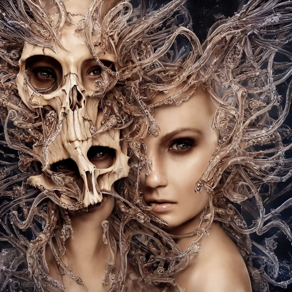 Image similar to close-up macro portrait of the face of a beautiful princess with animal skull mask, epic angle and pose, ribcage bones symmetrical artwork, 3d with depth of field, blurred background, cybernetic jellyfish female face skull phoenix bird, translucent, nautilus, energy flows of water and fire. a highly detailed epic cinematic concept art CG render. made in Maya, Blender and Photoshop, octane render, excellent composition, cinematic dystopian brutalist atmosphere, dynamic dramatic cinematic lighting, aesthetic, very inspirational, arthouse. y Greg Rutkowski, Ilya Kuvshinov, WLOP, Stanley Artgerm Lau, Ruan Jia and Fenghua Zhong