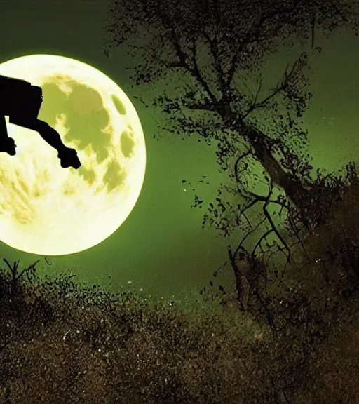 Image similar to the hulk is riding a flying bike across the full moon as silhouette, from the movie e. t. the extra terrestrial, with dark trees in foreground, cinematic frame by steven spielberg, hd