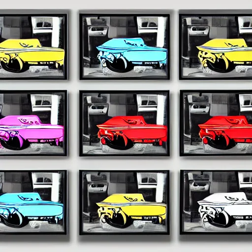 Image similar to a set of cars designed by andy warhol, digital art