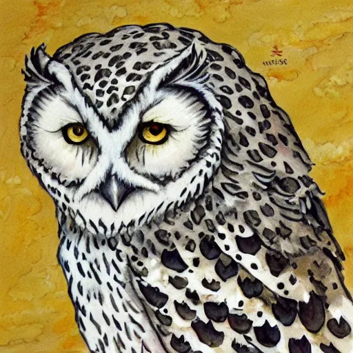 Image similar to snowy owl crossed with a snow leopard to make a gryphon, Louis William Wain watercolor,