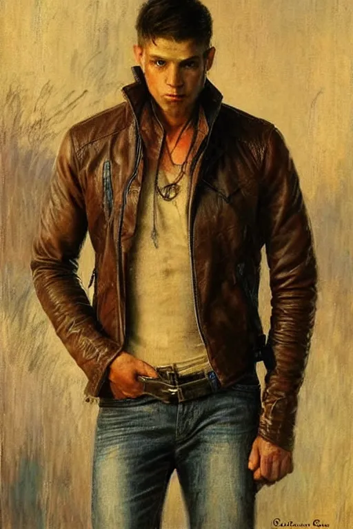 Image similar to a thirty - five year old contract killer named cobalt. he wears a brown leather jacket with a bloody white t - shirt tucked into his jeans. art by gaston bussiere.