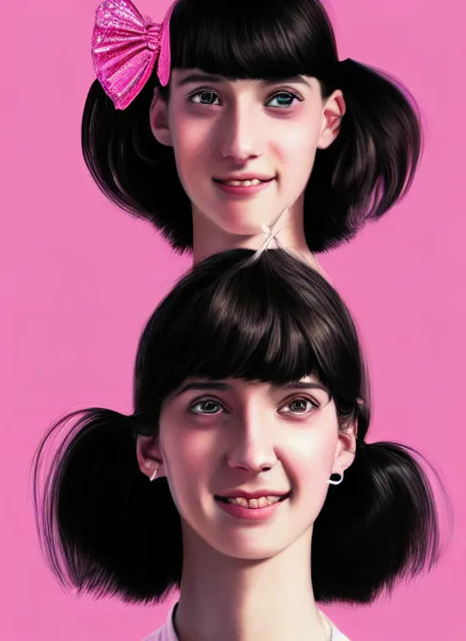 Image similar to portrait of high school girl, realistic, black hair, bangs, half updo hairstyle, pointy nose, skinny, smile, ugly, defined jawline, big chin, pink hair bow, earrings, intricate, elegant, glowing lights, highly detailed, digital painting, artstation, sharp focus, illustration, art by wlop, mars ravelo and greg rutkowski