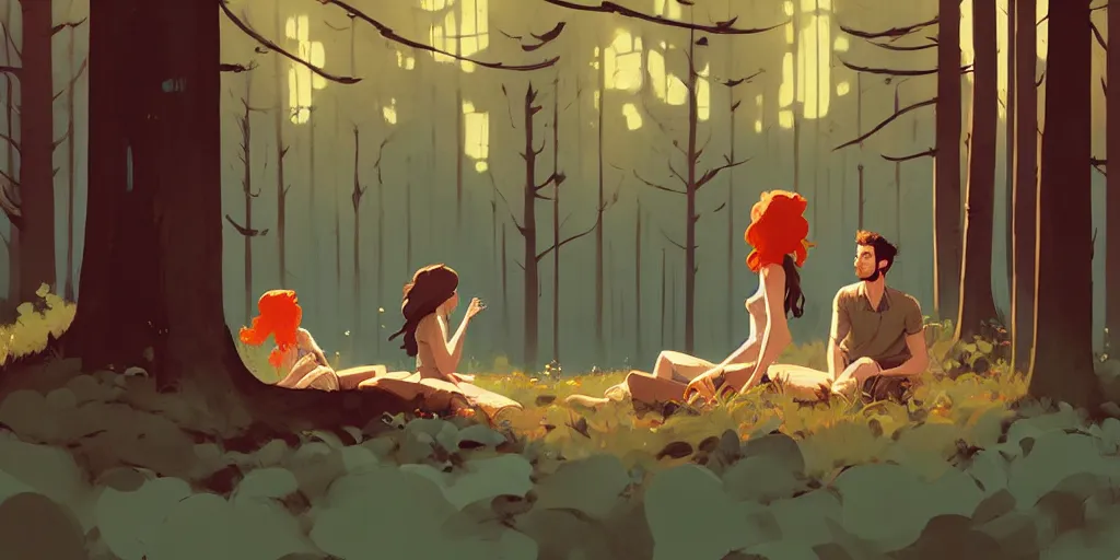 Image similar to scene of brunette man with a beautiful ginger woman talking in the woods by atey ghailan, by greg rutkowski, by greg tocchini, by james gilleard, by joe fenton, by kaethe butcher, dynamic lighting, gradient light blue, brown, blonde cream and white color scheme, grunge aesthetic