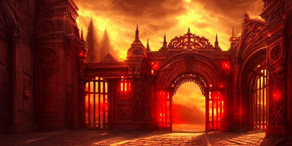 Image similar to huge gate, environment, illustration, red, colors, epic scene, symmetrical, golden raito, high quality, intricate details, details, intricate, atmosphere, highly detailed, matte painting, cinematic, deviantart, realistic, concept art, 4 k