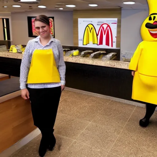 Image similar to anthropomorphic fruit lemon working at mcdonalds wearing mcdonalds uniform