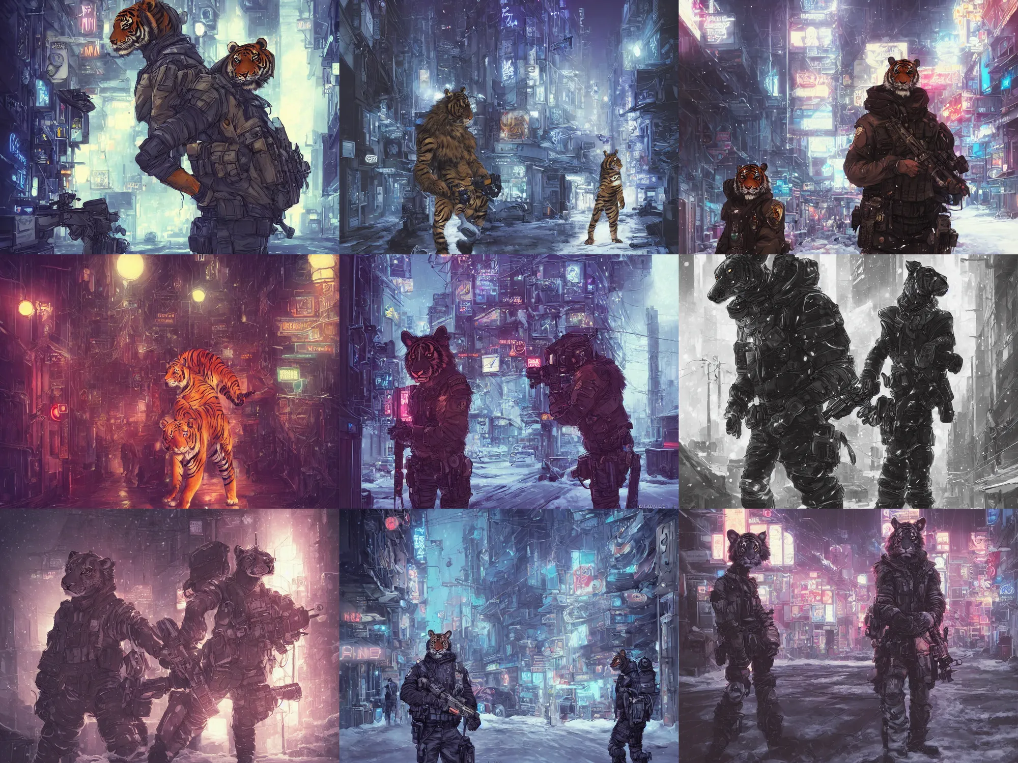 Prompt: beautiful furry art portrait commission of a male furry anthro tiger fursona wearing a tactical swat uniform in the streets of a cyberpunk city at night in the snow. neon signs. character design by charlie bowater, ross tran, artgerm, and makoto shinkai, detailed, inked, western comic book art