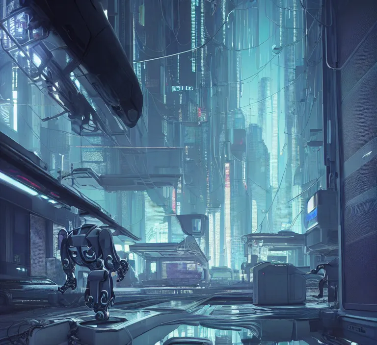 Prompt: hyperrealism stock photography of highly detailed stylish robot in cyberpunk sci - fi style by gragory crewdson and vincent di fate, mike winkelmann with many details by josan gonzalez working at the highly detailed data center by mike winkelmann and laurie greasley hyperrealism photo on dsmc 3 system rendered in blender and octane render