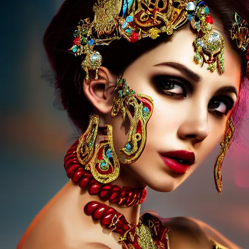 Image similar to photograph of wonderful princess with smooth fair skin, alluring eyes, red jewelry, breathtaking, elegant, ornate, intricate, hyper detailed, accent lighting, dramatic light, 4 k octane render