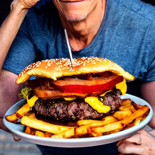 Image similar to kevin bacon profile portrait eating bacon burger soda fries, award winning food photography