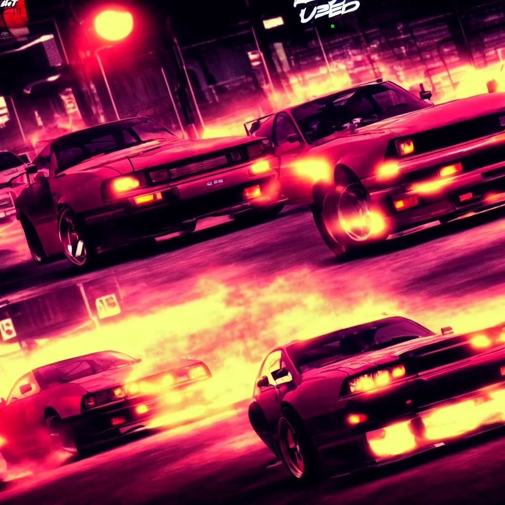 Image similar to need for speed underground 2, single car, drifting, vhs aesthetic, 9 0 s aesthetic, nice lighting, retrowave,