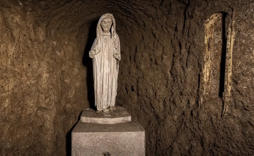 Image similar to decrepit creepy statue of the archangel gabriel staring at the camera, alone, in a cavernous dark old catacomb, realistic, pitch black, depth of field, wide shot, sinister, bad lighting, foreboding, blurry footage, grainy photo