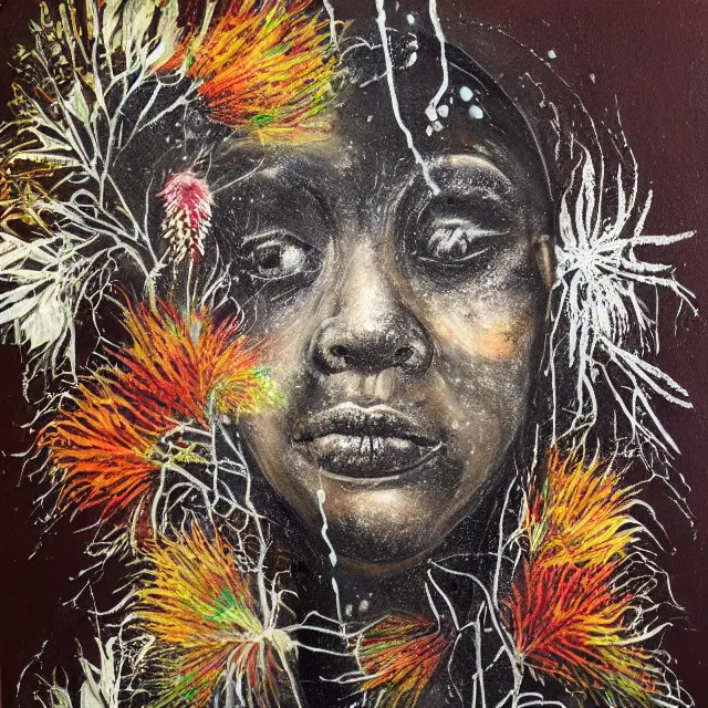 Prompt: “ charred, bushfire, a portrait in a female art student ’ s apartment, australian wildflowers, sensual, queer woman, flax, flannel flower, bottlebrush, eucalyptus, art supplies, a candle dripping white wax, aboriginal art, berry juice drips, acrylic and spray paint and oilstick on canvas, surrealism, neoexpressionism ”