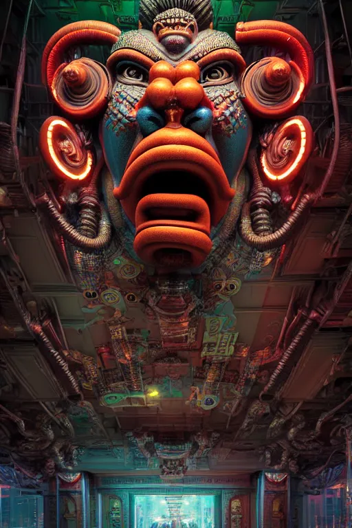 Image similar to high quality 3 d render post - rococo cyberpunk hanuman! head building, neon madhubani, open mouth, highly detailed, in sci - fi mumbai, cinematic smooth unreal engine, lee madgwick & liam wong, dramatic light, low angle, uhd 8 k, sharp focus