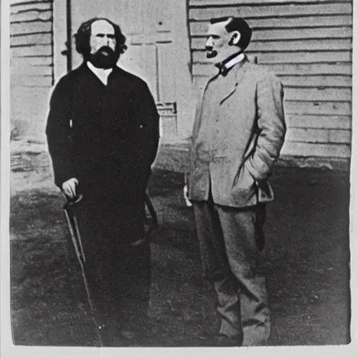 Image similar to Karl Marx and Ayn Rand conspiring, photo, 1920, military base backround