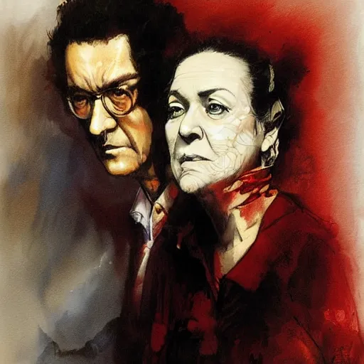 Prompt: gabriela mistral and roberto bolano, portrait by yoji shinkawa and esao andrews