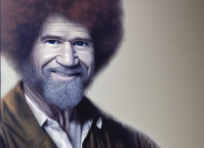 Image similar to a hyper-detailed oil portrait of Bob Ross; an extraordinary masterpiece!!!; flawless; proud posture; photorealistic eyes; trending on artstation; f/1.4; 90mm