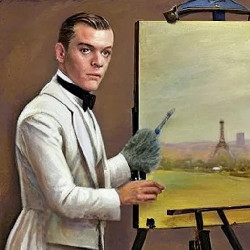 Image similar to clean shaven mcgregor is dressed as a gentleman at early 2 0 th century paris. he is watching an easel. that easel has a canvas on it. ewan mcgregor has a brush on his hand. he is painting a painting. there is a small brown cat with yellow eyes on ewan mcgregors feet, by h. r. giger