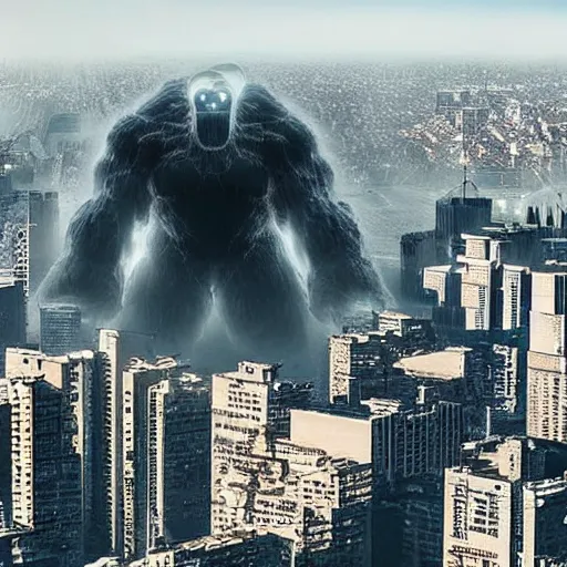 Prompt: giant digital monster attacks a city with the military trying to fight it off as it charges