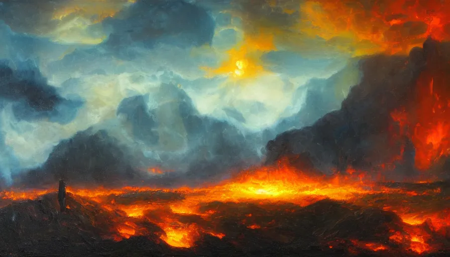 Image similar to a cubic landscape with fire in the sky, ghostly figures, by mariusz lewandowski