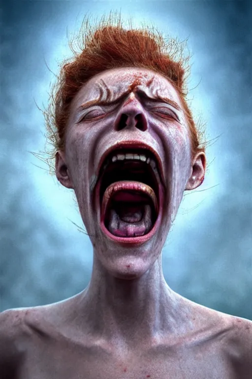 Prompt: outer body projection of beautiful woman shouting in rage, blue eyes, angry look, messy ginger hair, 4 k, cinematic lighting, hdr, highly detailed, ultra fine detail, photoreal, sharp focus, art by zdislav beksinski, rendered in octane, raytraced