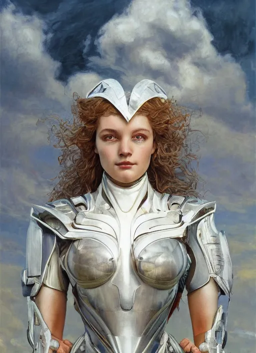 Image similar to symmetry! portrait of a beautiful biblical diabolical agile girl, in reflective porcelain cyborg armor, in clouds, cinematic studio light! windy, sunrise, by gerald brom, by mikhail vrubel, by peter elson, high contrast, muted colors, extreme detail, trending on artstation, 8 k