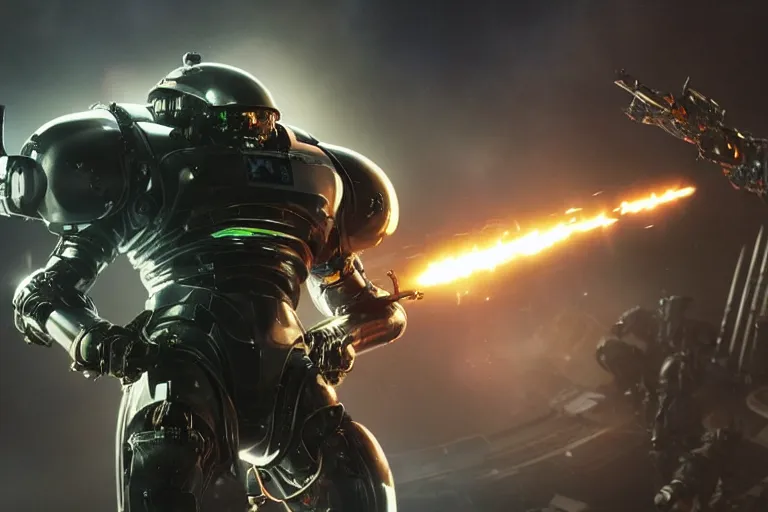 Prompt: VFX movie of a futuristic inhuman alien spacemarines in future spaceship, firing gun at space pirates detailed creature skin neon lighting combat by Michael Bay