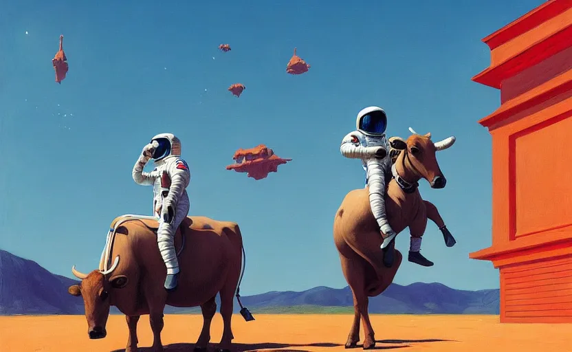 Image similar to an astronaut riding a cow, very coherent, painted by Edward Hopper, Wayne Barlowe, painted by James Gilleard, airbrush, art by JamesJean