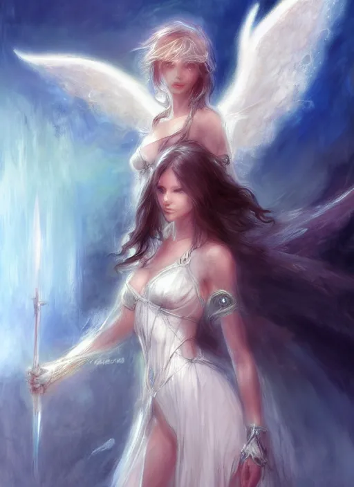 Image similar to concept art, angel knight girl. by artstation trending, by joseph mallord william turner, luis royo, konstantin razumov, cinematic lighting, fractal flame, highly detailed