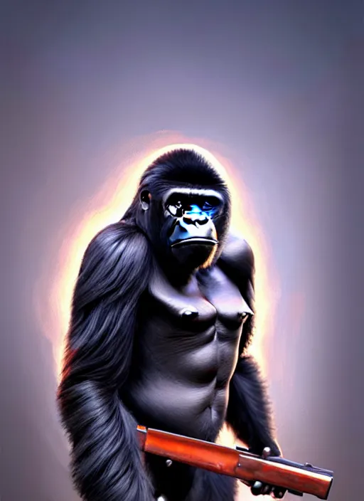 Prompt: frightening gorillas warrior portrait, weapons in hand, art by artgerm, wlop, loish, ilya kuvshinov, tony sandoval. 8 k realistic, hyperdetailed, beautiful lighting