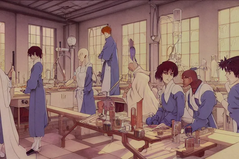 Image similar to cel shaded study of a group of alchemists in a late renaissance laboratory, key visual with intricate linework, in the stlye of moebius, ayami kojima, 90's anime, retro fantasy