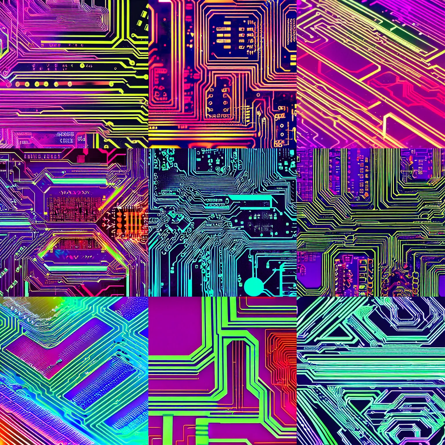 Prompt: circuit board, colorful, geometric, synthwave, wallpaper