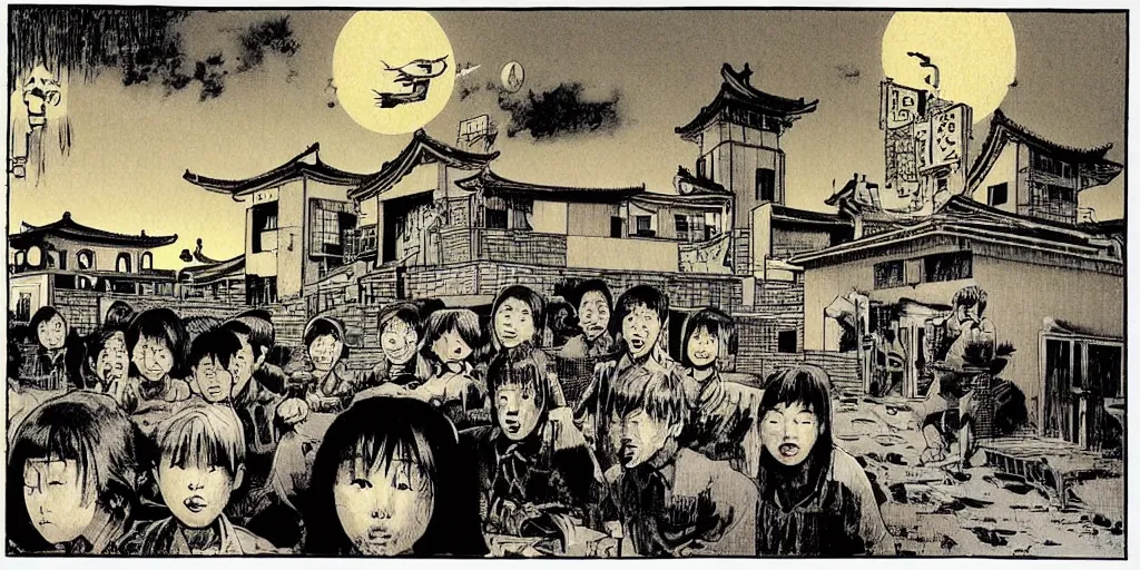 Prompt: a korean school at night by richard corben