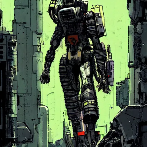 Image similar to the Rocinante, scifi, cyberpunk, in the style of Ashley Wood and Moebius