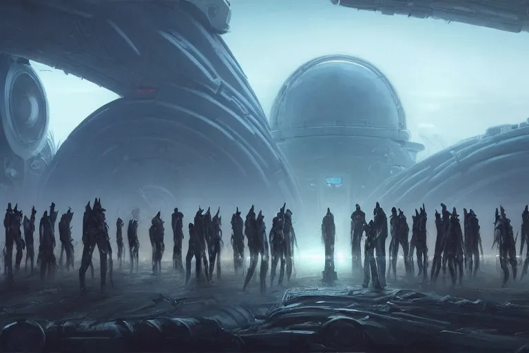 Image similar to a crowd of androids walking in a line along a spiral path towards an ancient alien portal, pilgrimage, in mad max style, stargate, coriolios rpg art style, full of details, dark sci - fi, cold blue colors, matte painting, artstation, 8 k, hyperrealistic, style of peter mohrbacher