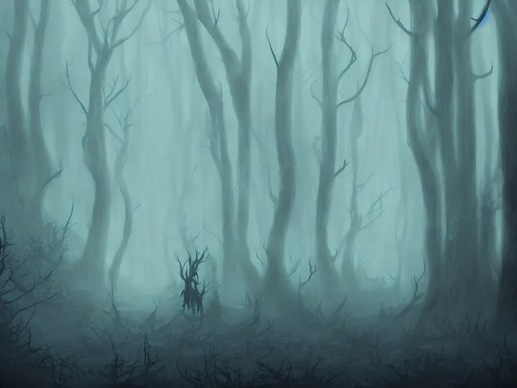 Prompt: fantasy haunted dark forest, foggy, detailed, digital art, a dark forest with humanoids walking through and evil spirits lurk in the shadows, by Anato Finnstark, artstation