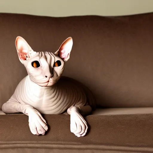 Prompt: lifelike photo of a sphynx cat on a couch